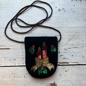 Vintage Velvet Mini Purse Sequin and Beaded Christmas Candles & Holly Design